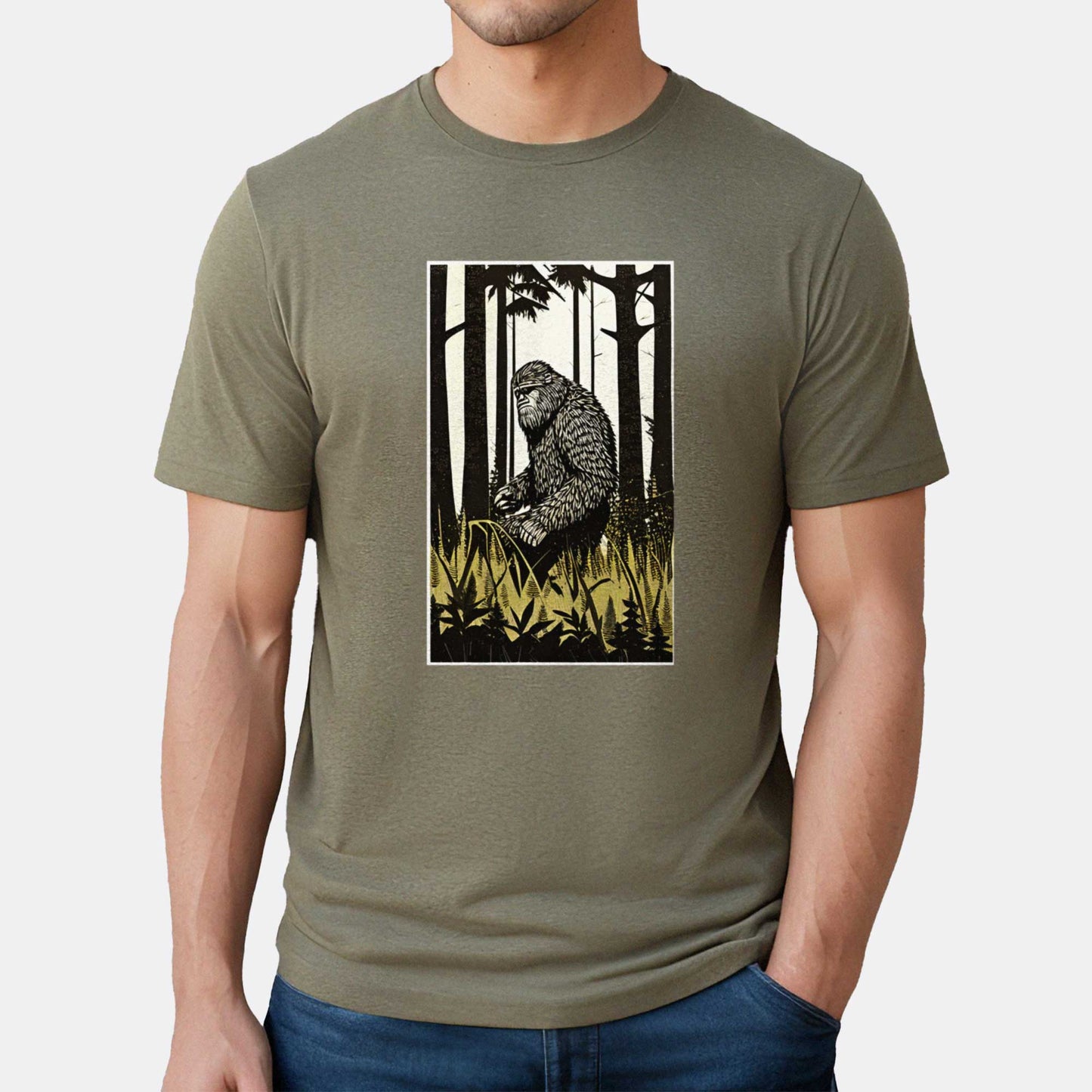 Sasquatch in the Woods - Adult Unisex Jersey Crew Tee