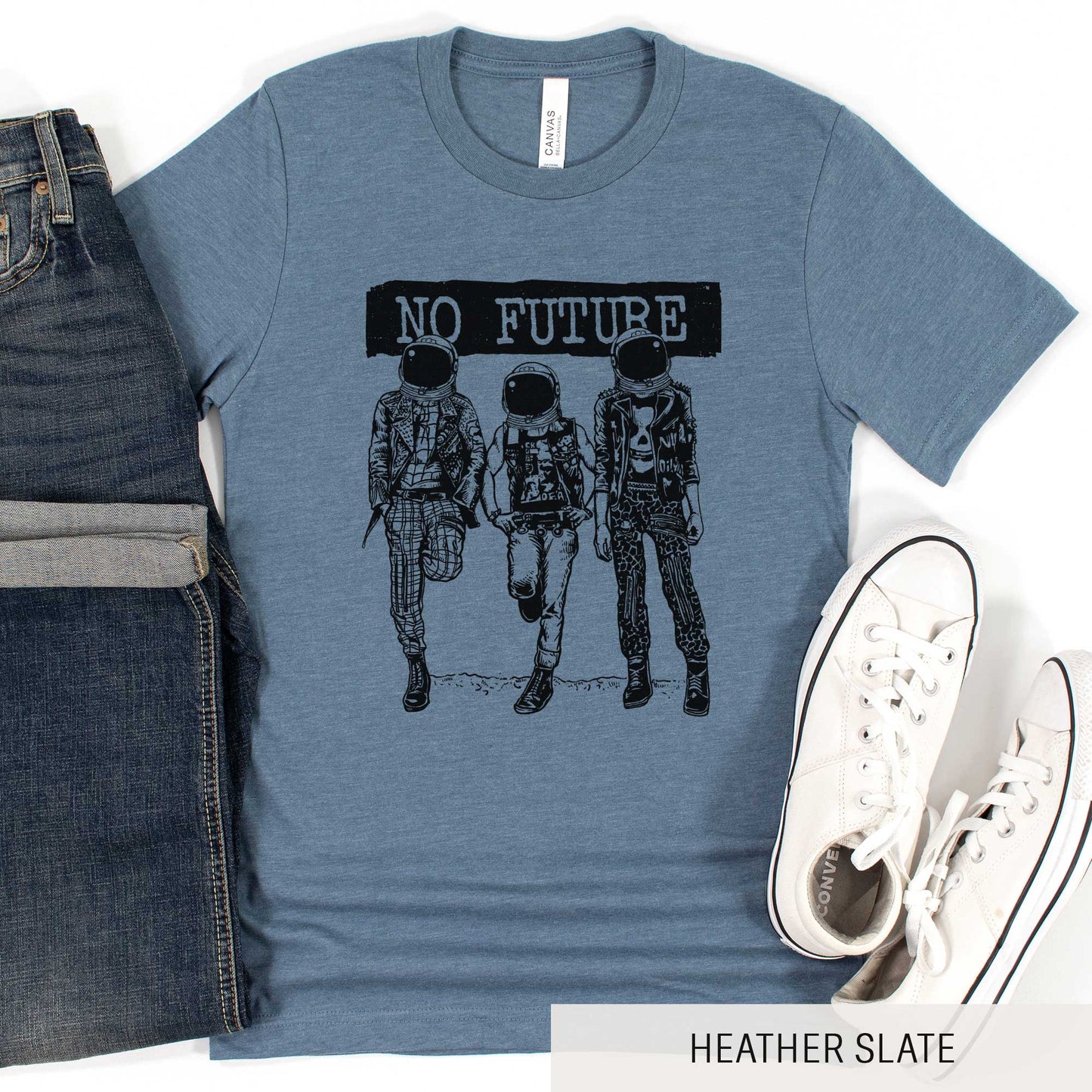 A heather slate Bella Canvas t-shirt featuring three punk dressed astronauts with the words no future above them.