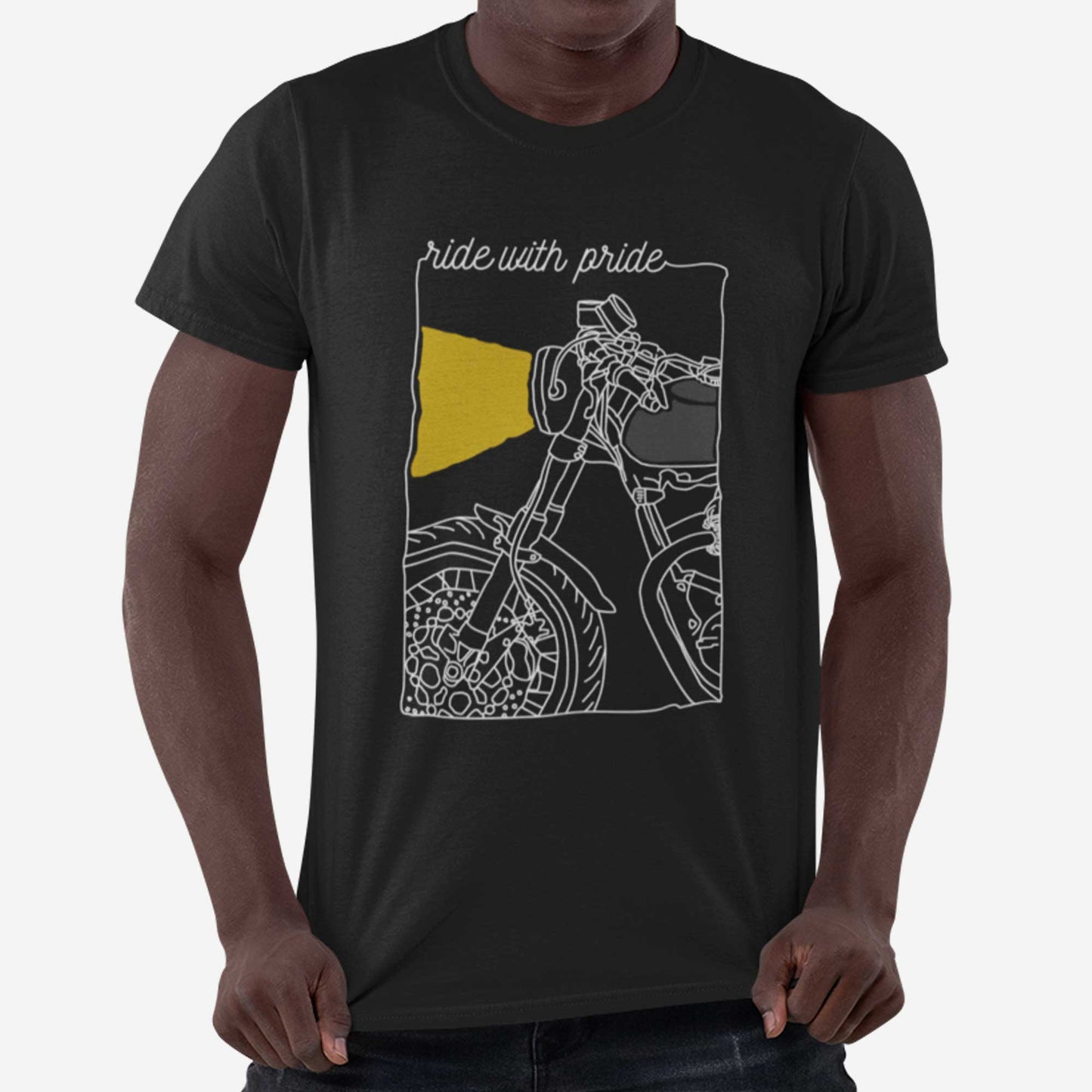 A man wearing a vintage black Bella Canvas t-shirt featuring the front section of a motorcycle and the words ride with pride.