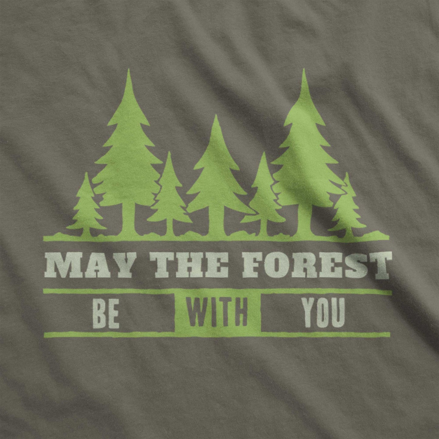 An army green Bella Canvas swatch featuring a silhouette of trees and the words may the forest be with you.