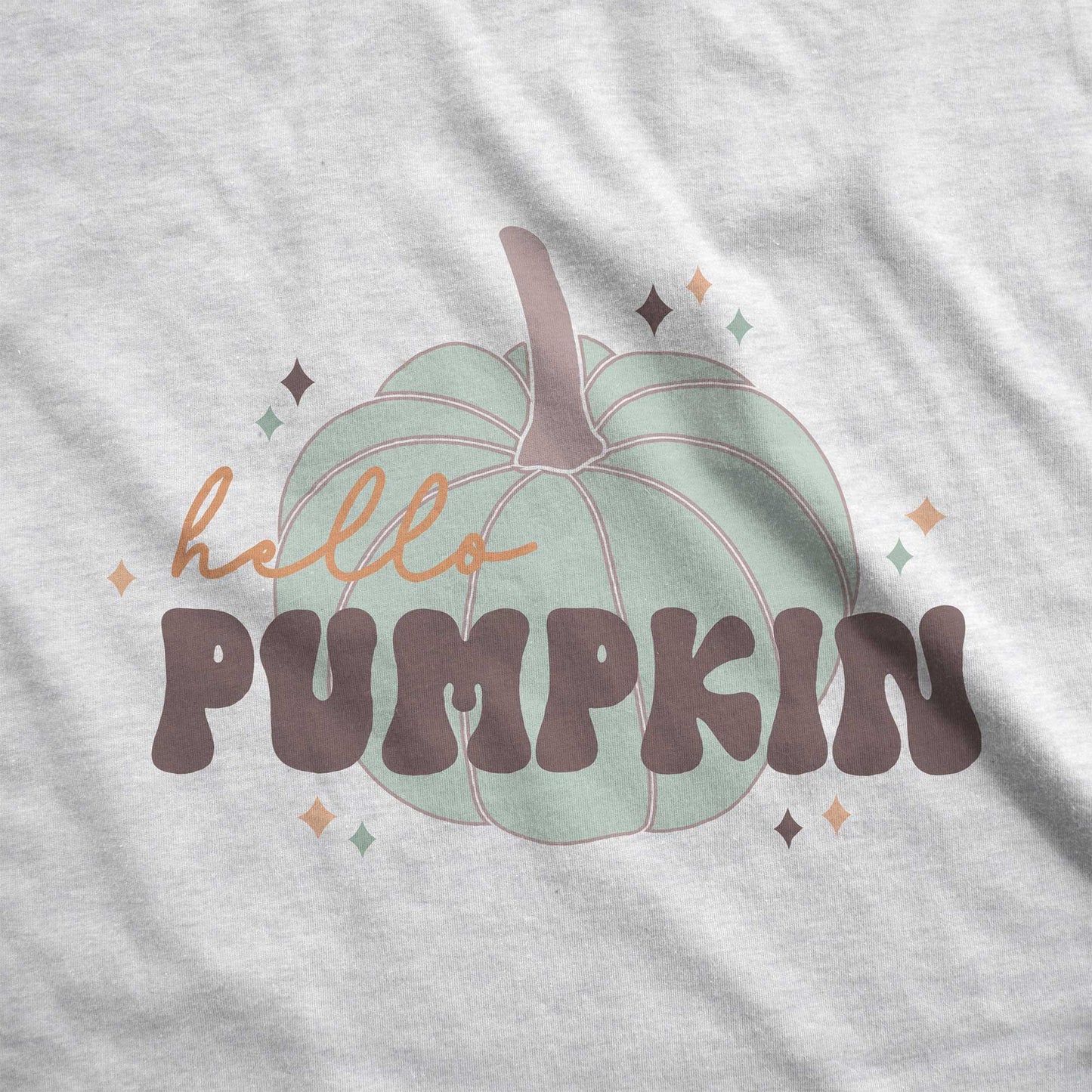 An ash Bella Canvas swatch featuring a blue green pumpkin and the words hello pumpkin.