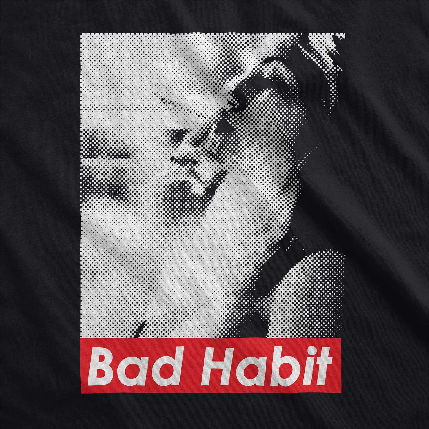 A black District 7501 swatch featuring a grainy photograph of a woman smoking with the words bad habit below.