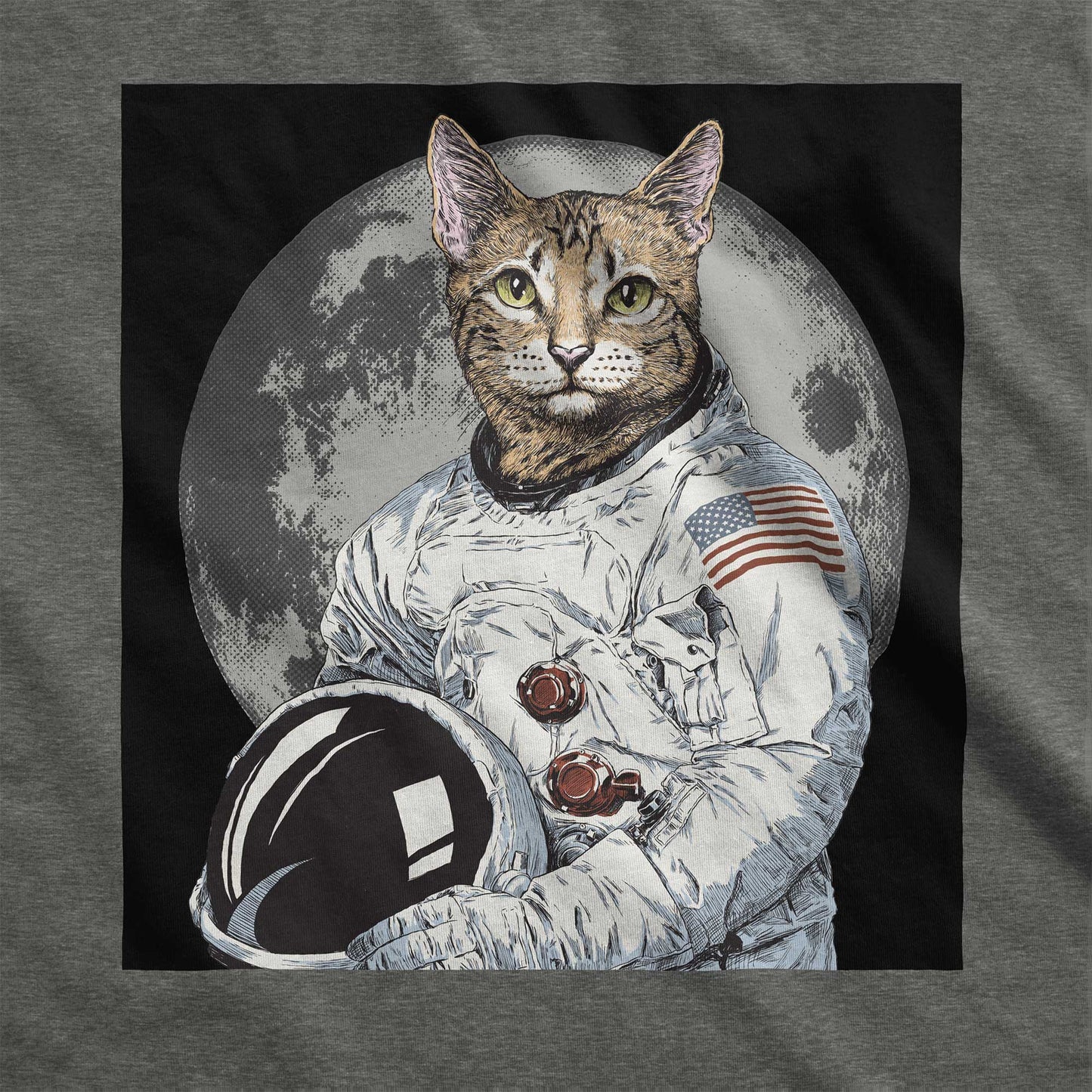A deep heather grey Bella Canvas swatch featuring an illustrated portrait of a cat as a NASA astronaut with the moon in the background.