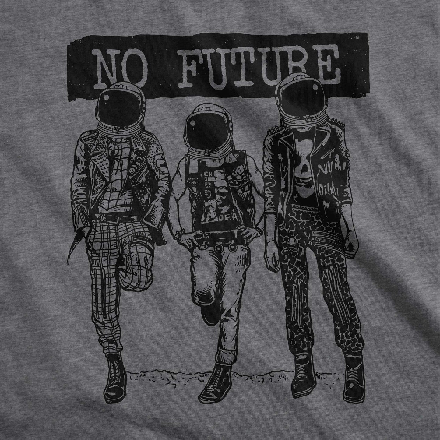 A deep heather Bella Canvas fabric swatch featuring three punk dressed astronauts with the words no future above them.