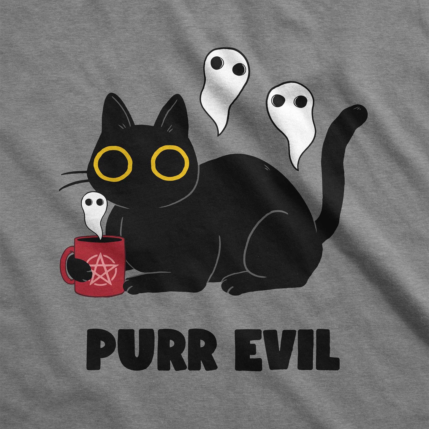 A grey Bella Canvas swatch featuring a cartoon black cat drinking a satanic cup of coffee with ghosts around it and the words purr evil.