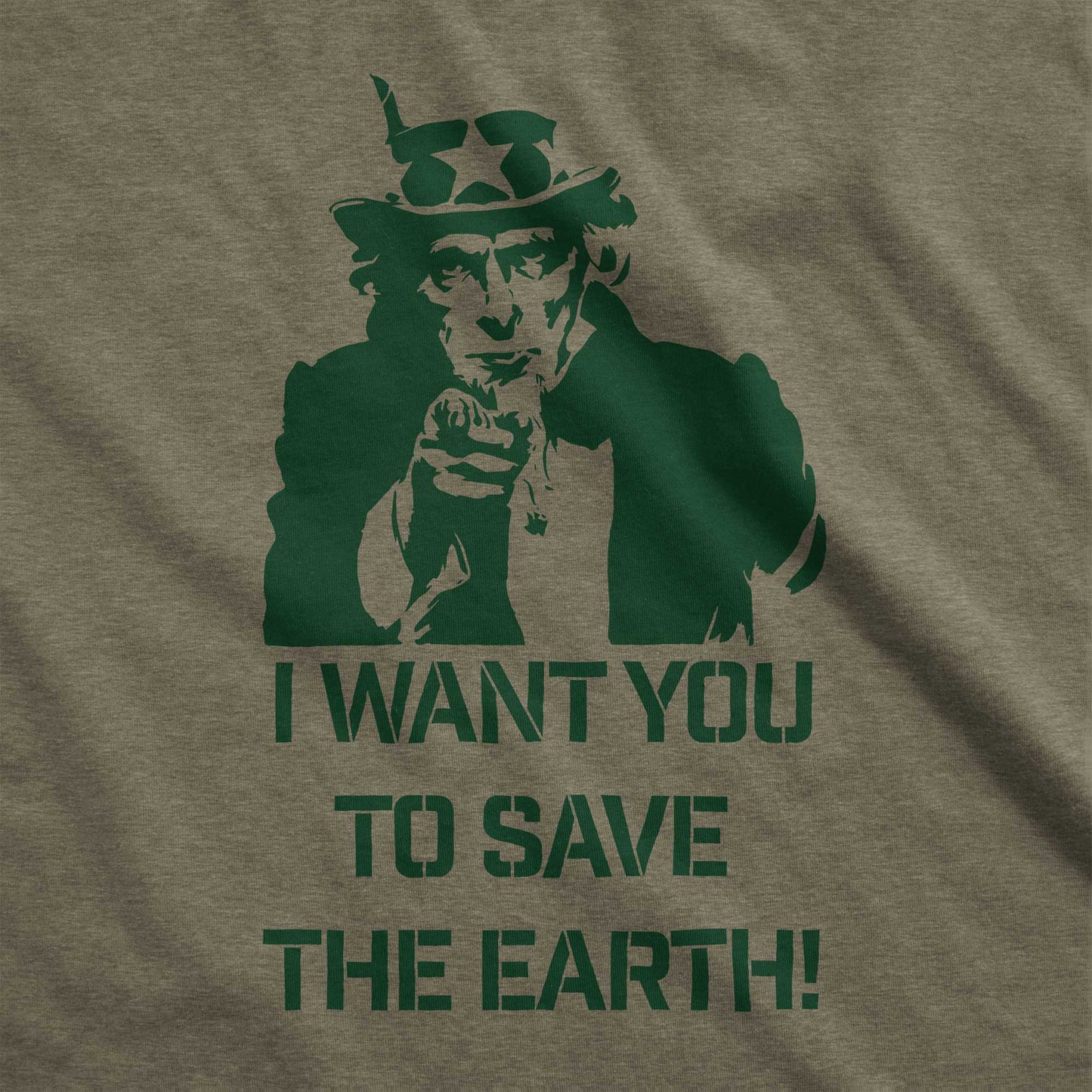 A heather olive Bella Canvas swatch featuring Uncle Sam and the words I want you to save the Earth.