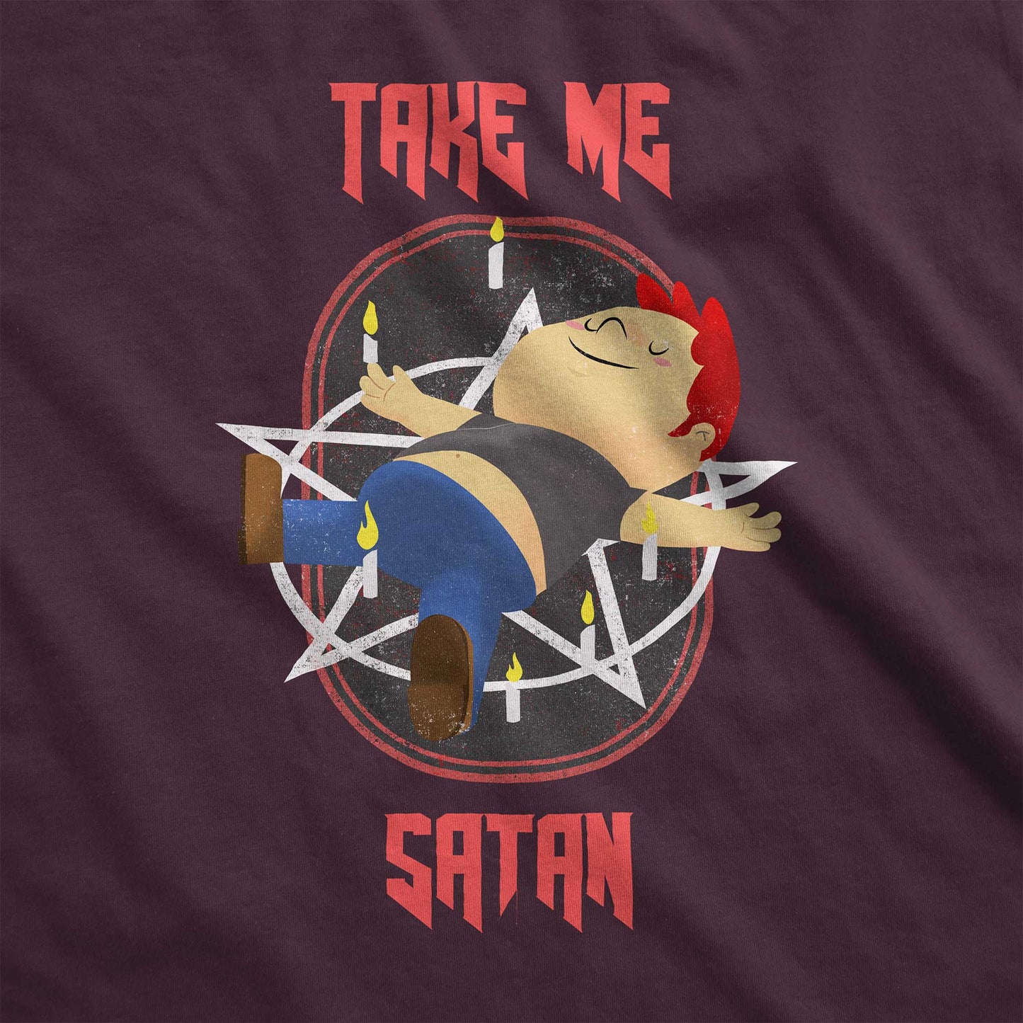 An oxblood black Bella Canvas swatch featuring a dark humor children's cartoon of a boy laying on a pentagram with the words take me satan.