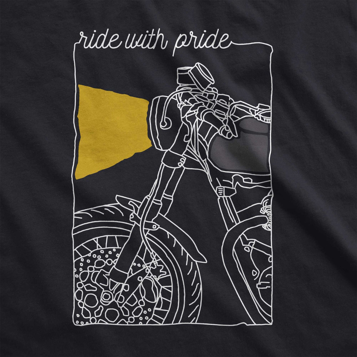 A vintage black Bella Canvas swatch featuring the front section of a motorcycle and the words ride with pride.