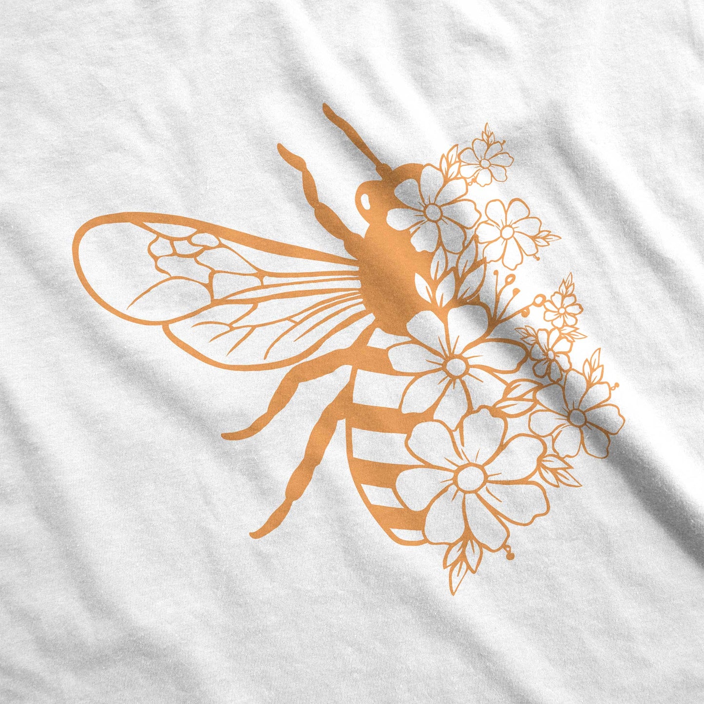 A white District 7501 swatch featuring a bee illustration that is half made of pretty flowers.