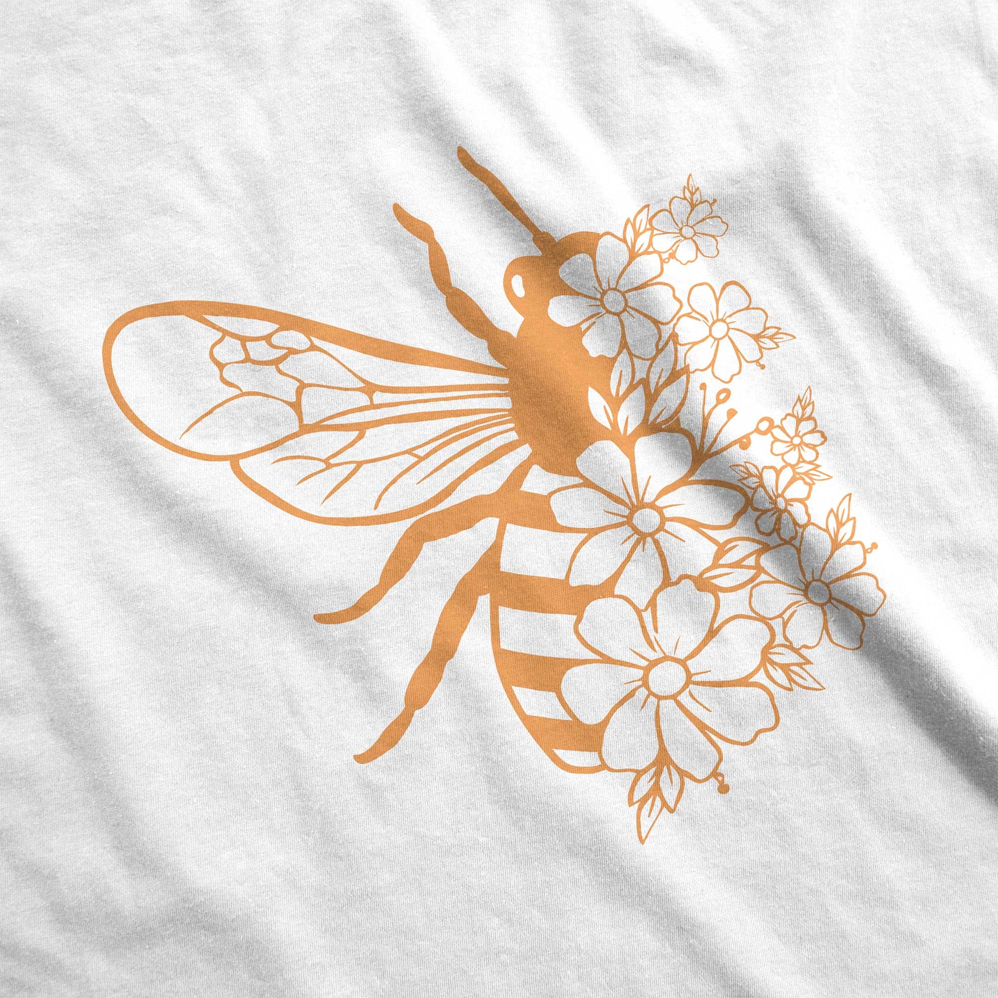 A white District 7501 swatch featuring a bee illustration that is half made of pretty flowers.