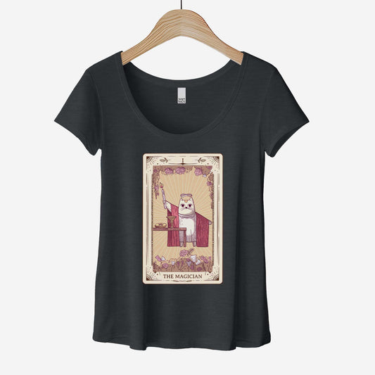 A hanging heathered charcoal District 7501 scoop neck t-shirt featuring the iconic Magician major arcane tarot card except reimagined as a cartoon cat.