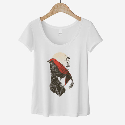 A hanging white District scoop neck t-shirt featuring a detailed illustration of a red bird.