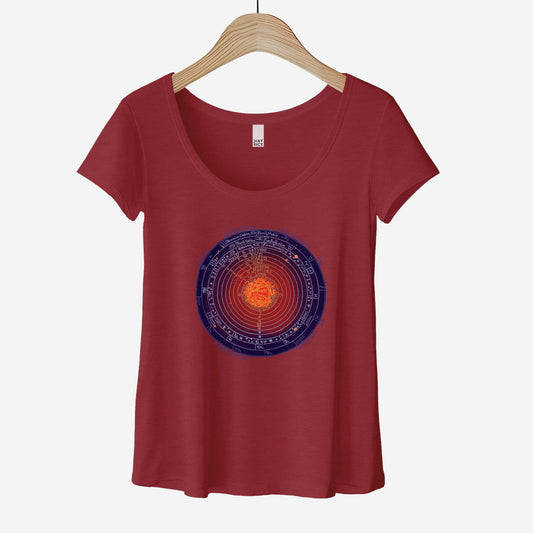 A hanging heathered red District 7501 scoop neck t-shirt featuring a colorized version of a 1539 schematic of the universe by Peter Apian.