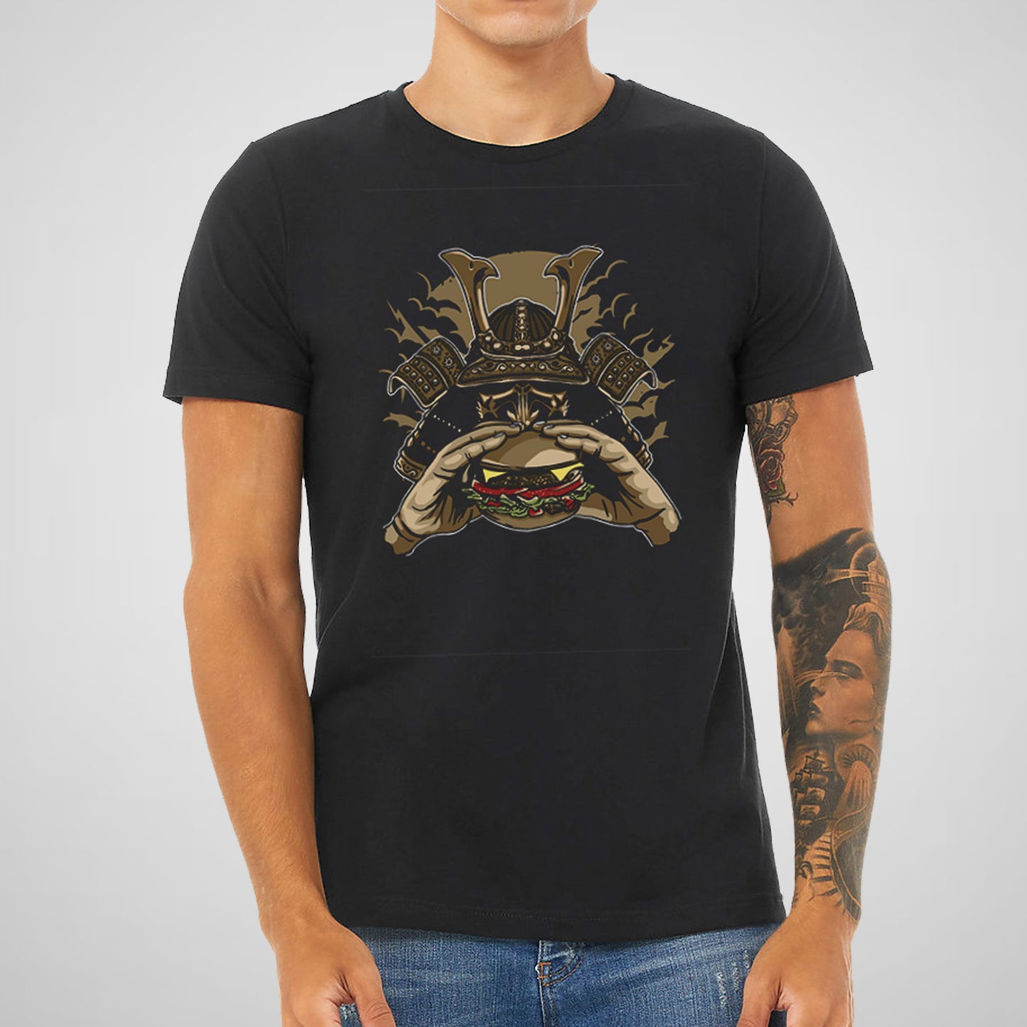 Samurai Eating Burger, Funny - Adult Unisex Jersey Crew Tee