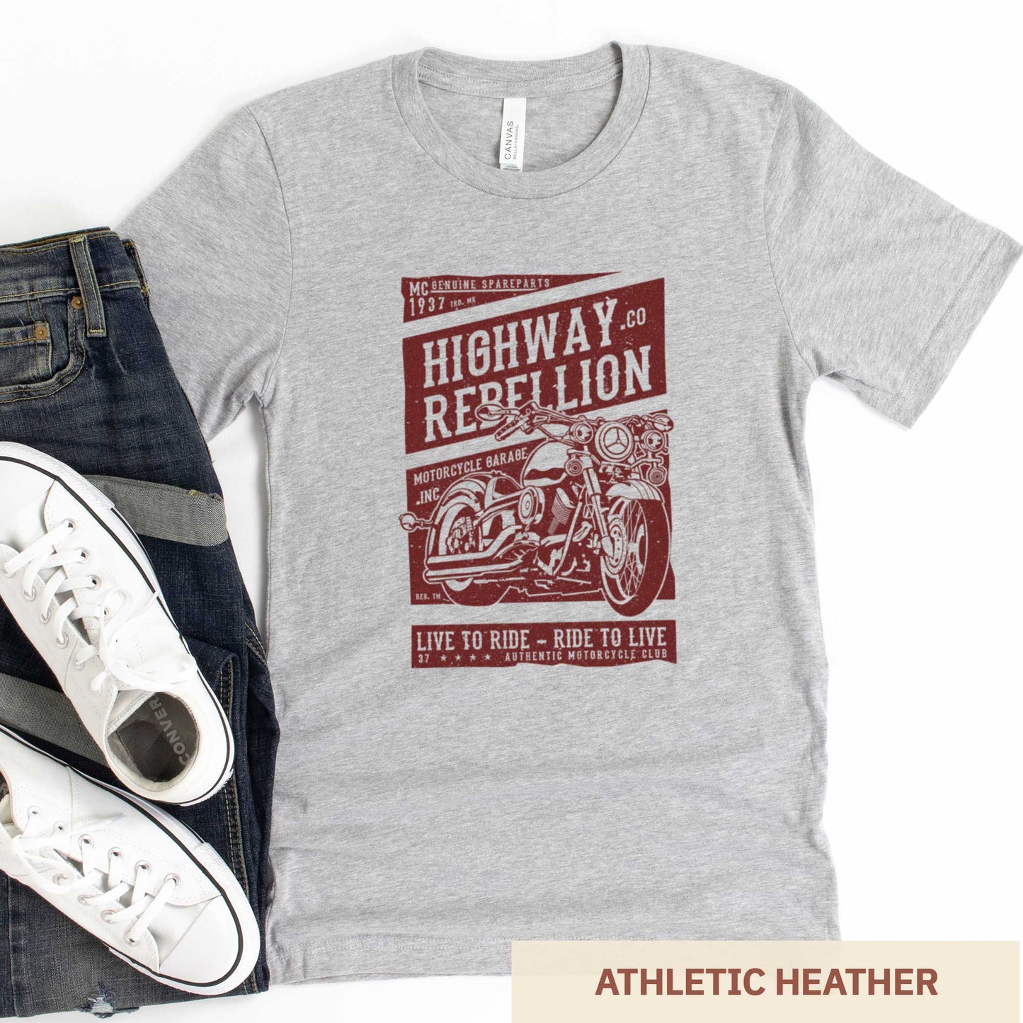An athletic heather grey Bella Canvas t-shirt featuring a motorcycle and the words highway rebellion live to ride - ride to live.