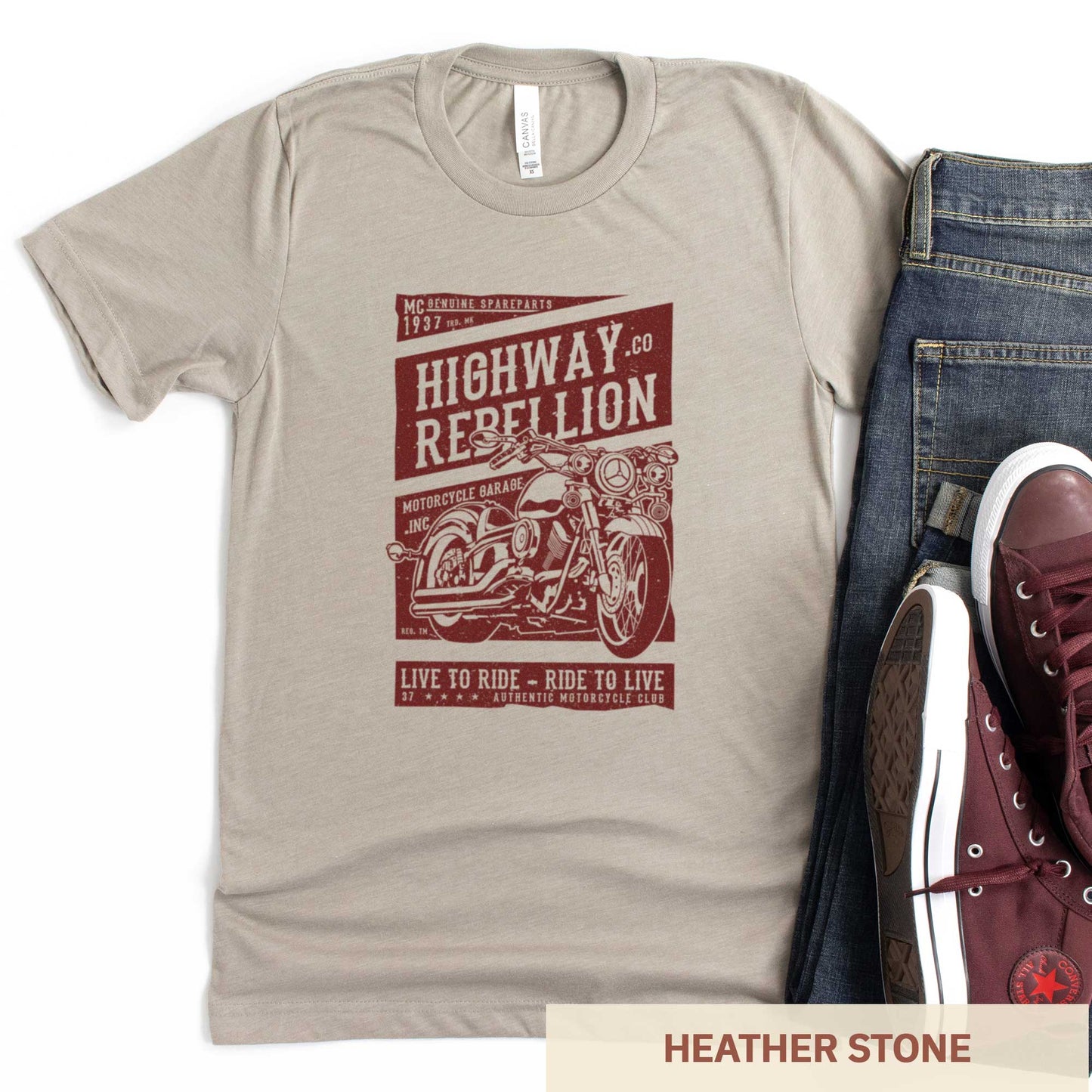 A heather stone Bella Canvas t-shirt featuring a motorcycle and the words highway rebellion live to ride - ride to live.