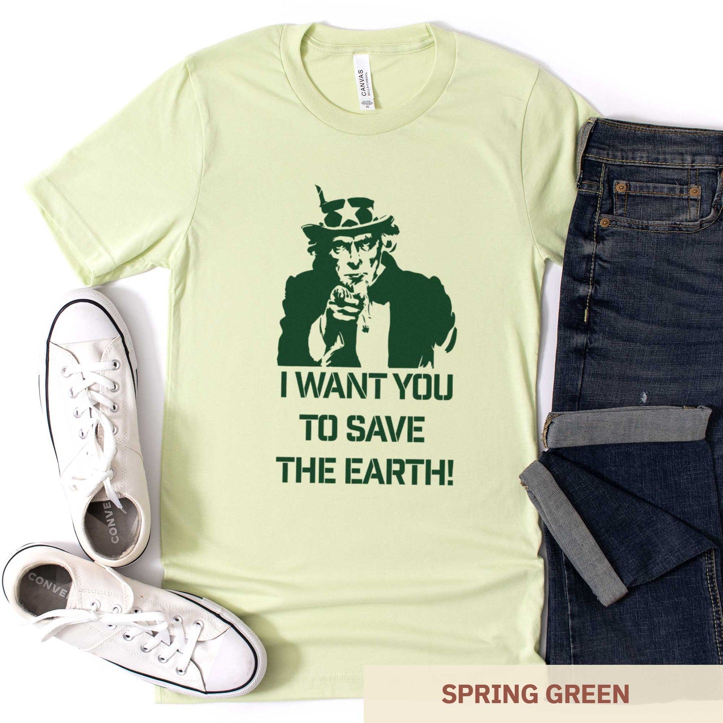 A spring green Bella Canvas t-shirt featuring Uncle Sam and the words I want you to save the Earth.