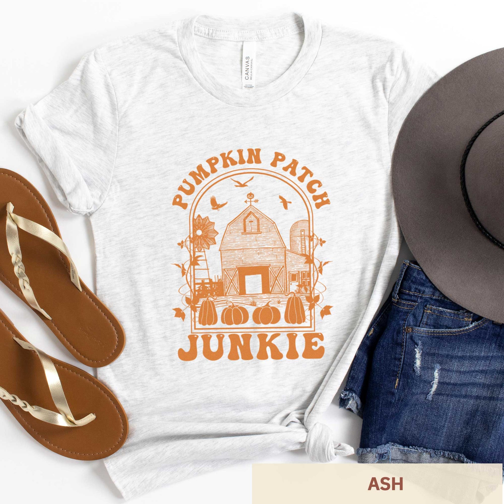 An ash Bella Canvas t-shirt featuring a farm with pumpkins that says pumpkin patch junkie.