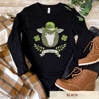 A long sleeved black Bella Canvas t-shirt featuring a sheep with a green hat, clovers and the words St.Patrick's Day.