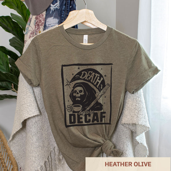 Death Before Decaf: Skeleton with Coffee - Adult Unisex Jersey Crew Tee