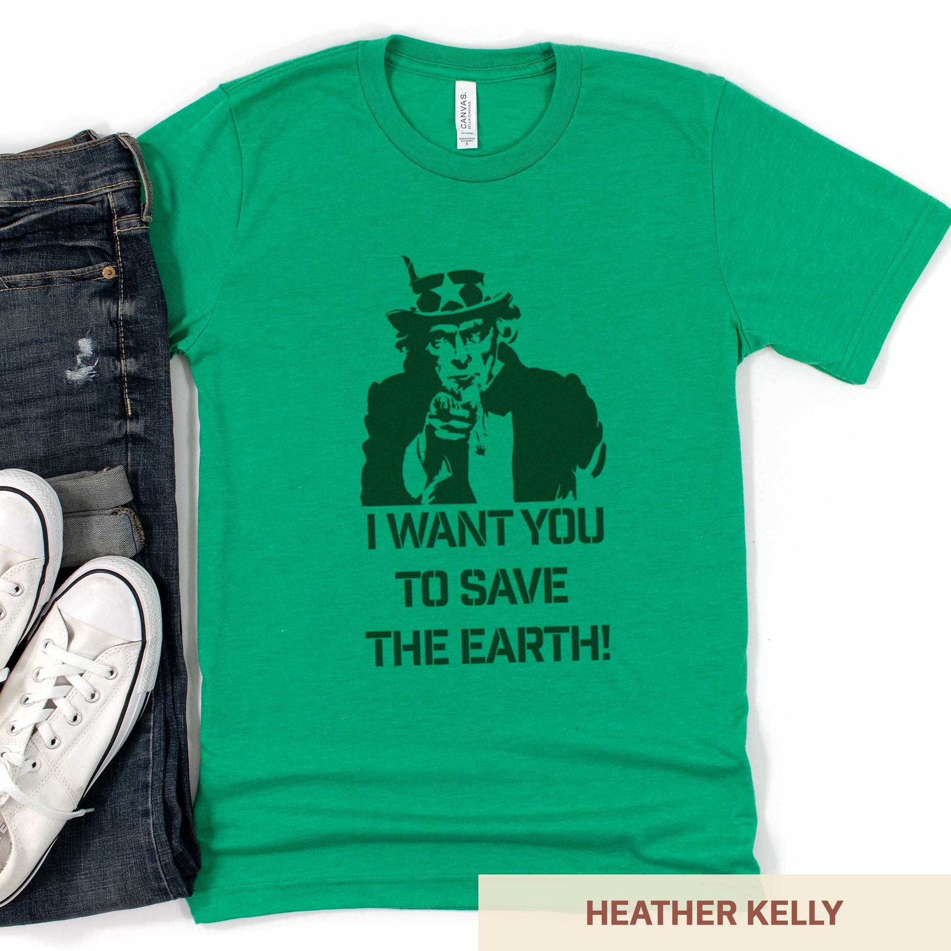 A heather kelly Bella Canvas t-shirt featuring Uncle Sam and the words I want you to save the Earth.