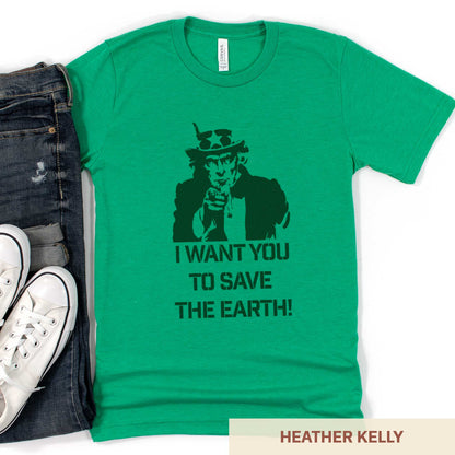 A heather kelly Bella Canvas t-shirt featuring Uncle Sam and the words I want you to save the Earth.