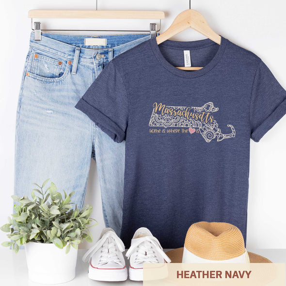 Massachusetts: Home is Where the Heart Is - Adult Unisex Jersey Crew Tee