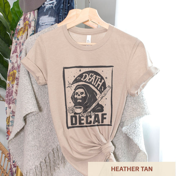 Death Before Decaf: Skeleton with Coffee - Adult Unisex Jersey Crew Tee