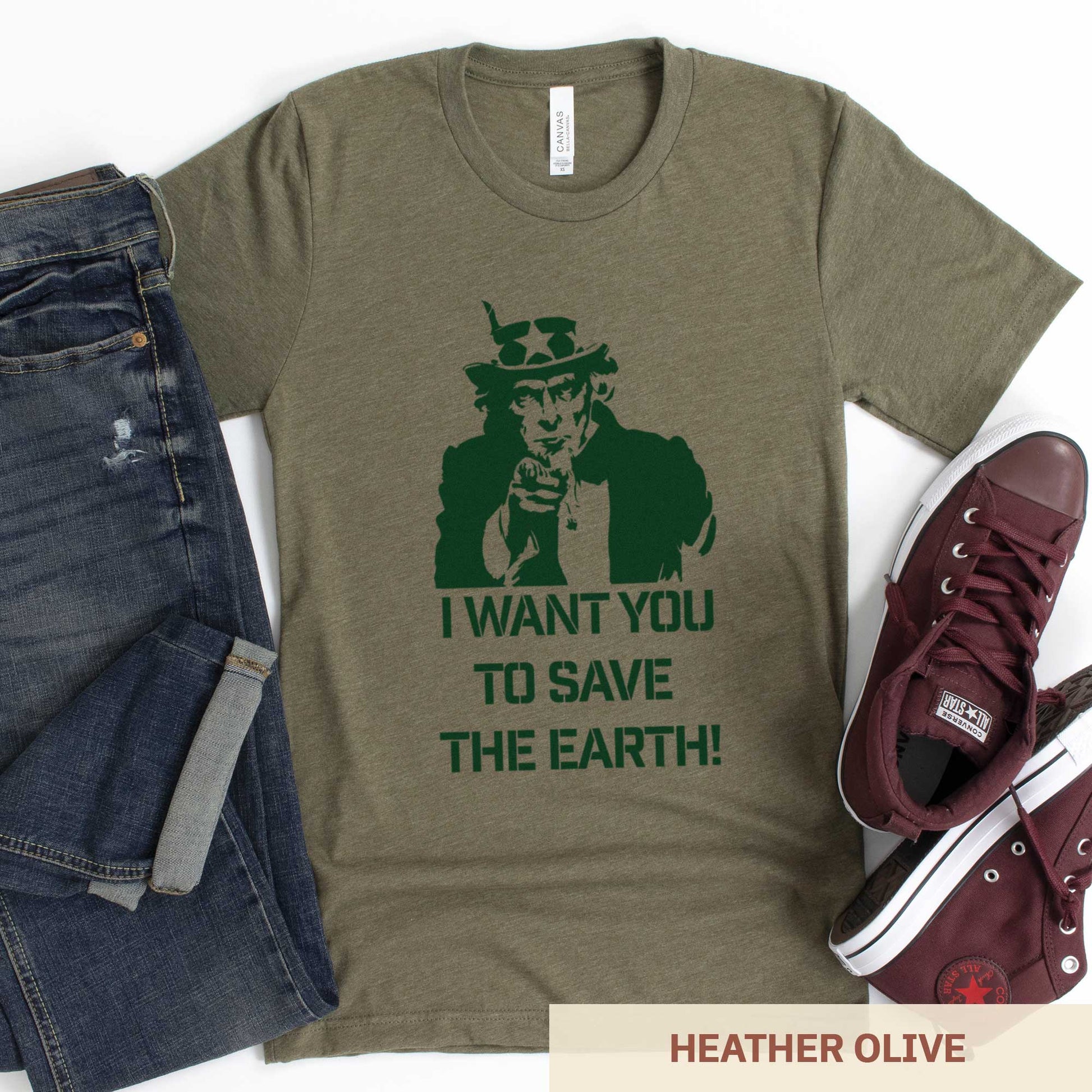 A heather olive Bella Canvas t-shirt featuring Uncle Sam and the words I want you to save the Earth.
