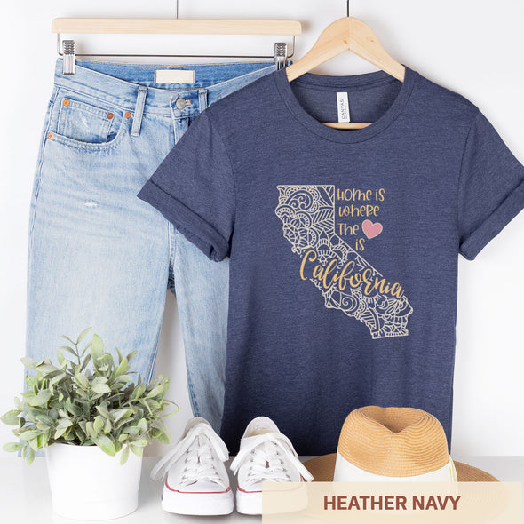 California: Home is Where the Heart Is - Adult Unisex Jersey Crew Tee