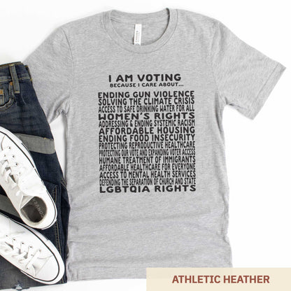An athletic heather Bella Canvas t-shirt featuring a long list of issues to vote on.