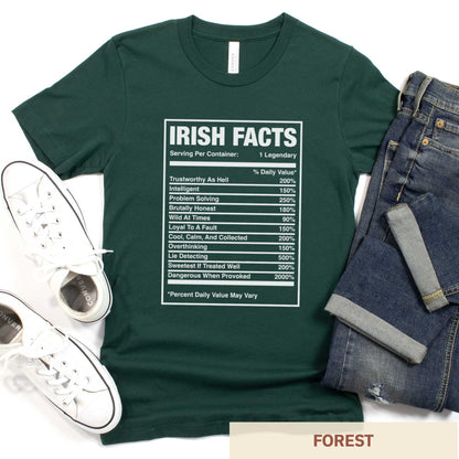 A forest green Bella Canvas t-shirt that features a nutrition facts chart of Irish characteristics.