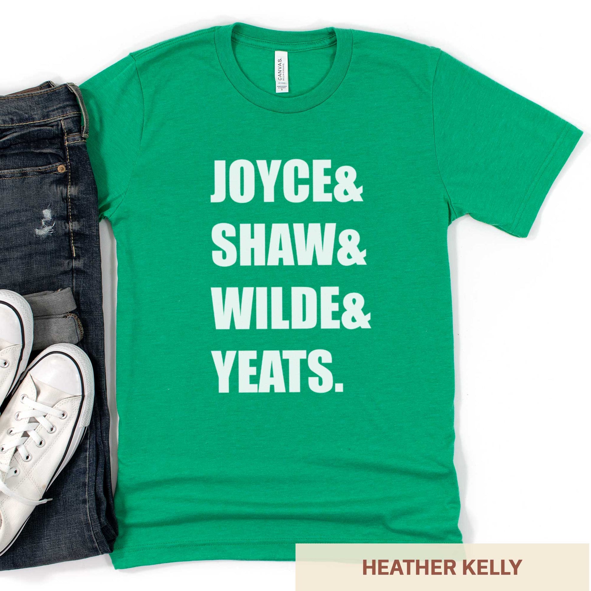 A heather kelly Bella Canvas t-shirt featuring the last names of Irish writers Joyce, Shaw, Wilde and Yeats.