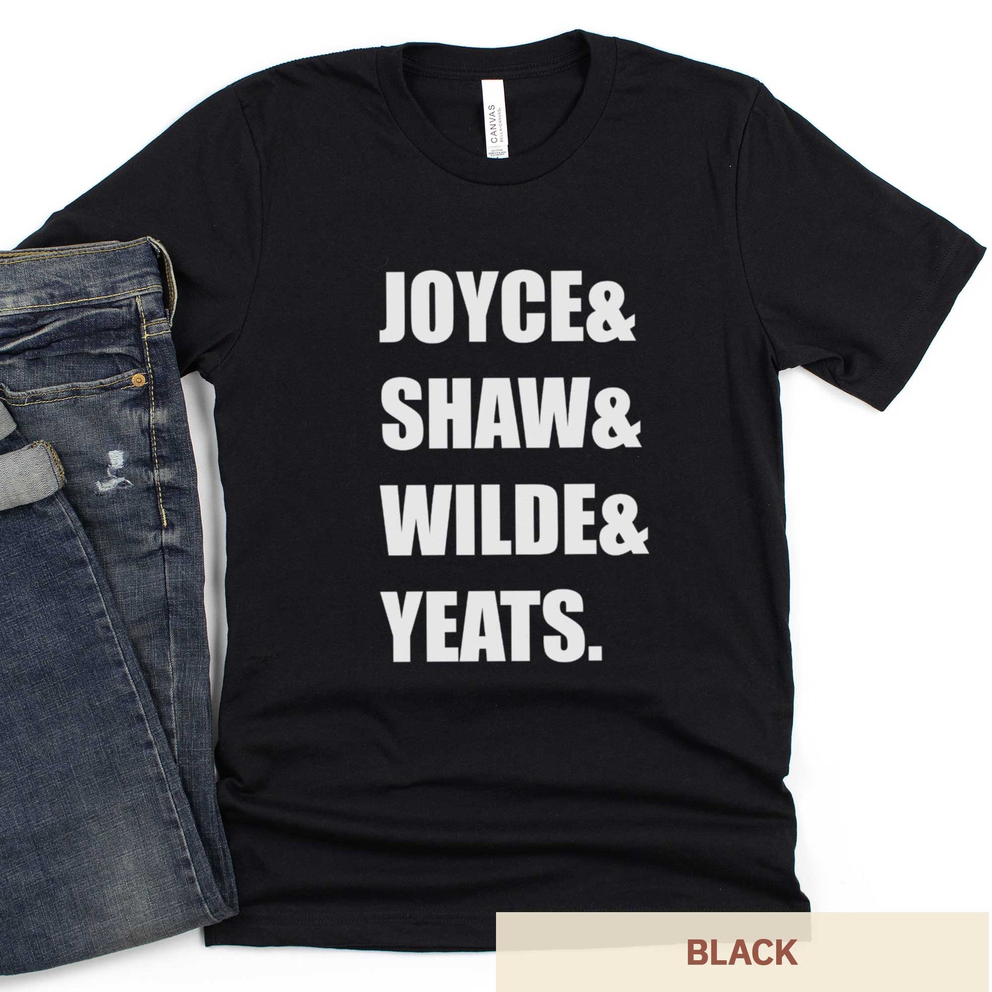 A black Bella Canvas t-shirt featuring the last names of Irish writers Joyce, Shaw, Wilde and Yeats.