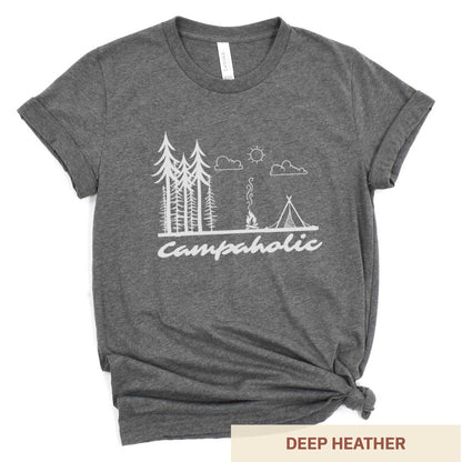 A deep heather Bella Canvas t-shirt surrounded by hiking gear featuring a tent, trees and the words campaholic.