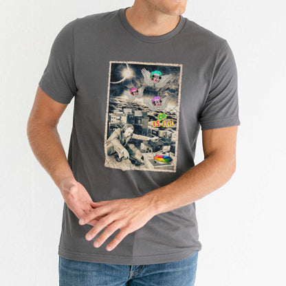 A man wearing an asphalt grey Bella Canvas swatch featuring a surreal mixed media collage of a black and white photo of a man from the 50's listening to music surrounded by Marilyn Monroe cherubs with the words this isn't real or is it?