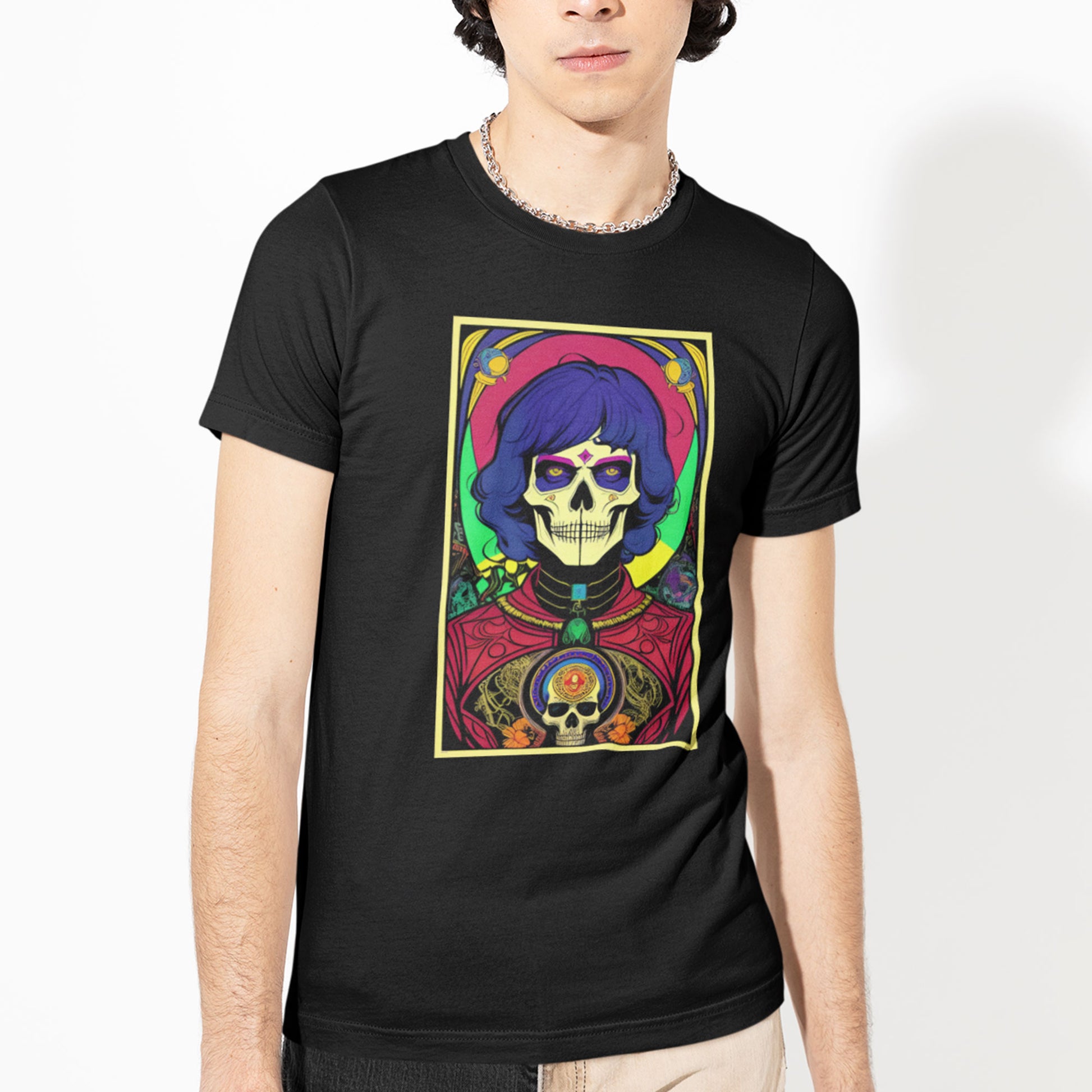 A man wearing a black Bella Canvas t-shirt featuring a psychedelic pop art illustration of Death