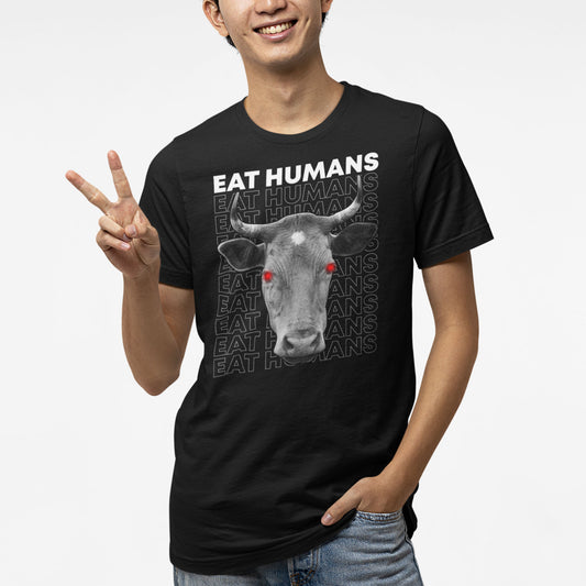 Eat Humans, Angry Cow - Adult Unisex Jersey Crew Tee