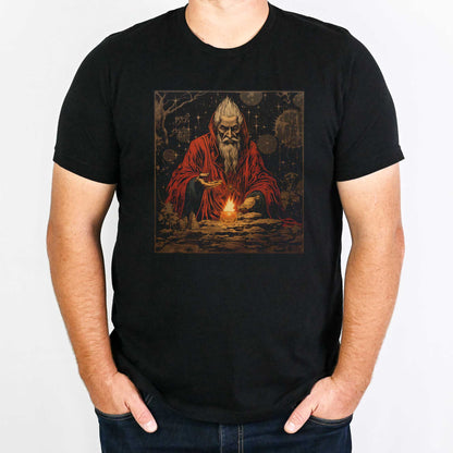 A man wearing a black Bella Canvas t-shirt featuring a medieval looking sourcerer casting a spell over a small open flame.
