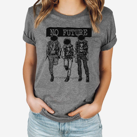 A woman wearing a deep heather Bella Canvas t-shirt featuring three punk dressed astronauts with the words no future above them.
