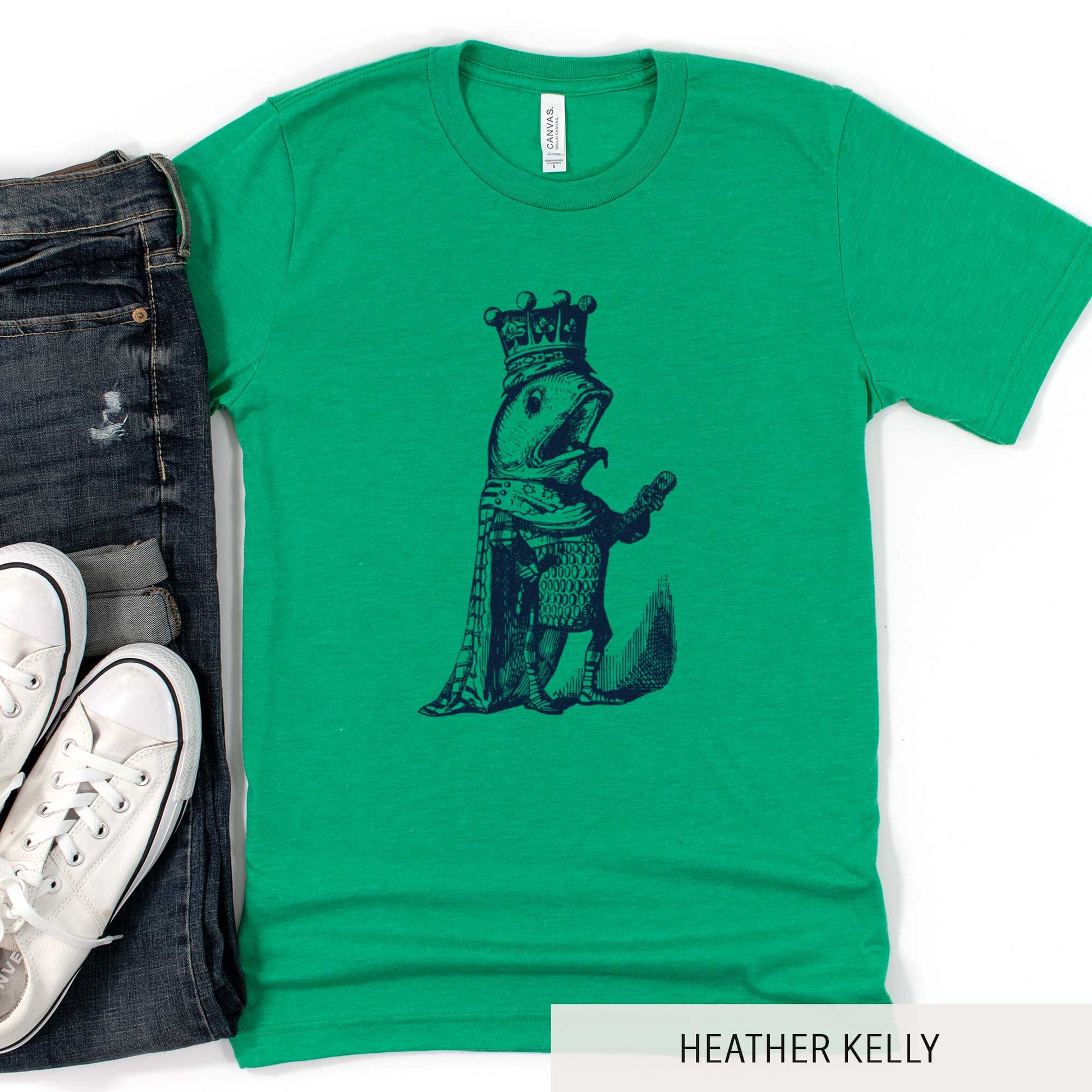 A heather kelly Bella Canvas t-shirt featuring a vintage illustration of a talking fish dressed in the royal robes of a king.