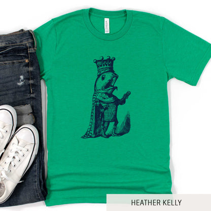 A heather kelly Bella Canvas t-shirt featuring a vintage illustration of a talking fish dressed in the royal robes of a king.