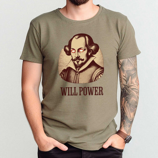 A man wearing a heather olive Bella Canvas t-shirt featuring a woodcut of William Shakespeare with glowing superhero eyes and the words Will Power.