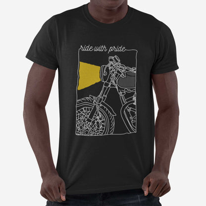 A man wearing a vintage black Bella Canvas t-shirt featuring the front section of a motorcycle and the words ride with pride.