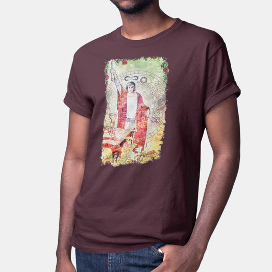 A man wearing an oxblood black Bella Canvas t-shirt featuring the magician figure of the Rider-Waite tarot deck with a modern redesign.