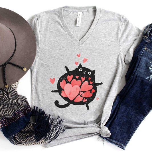 An athletic heather Bella Canvas t-shirt featuring a cartoon black cat with a tummy full of hearts.