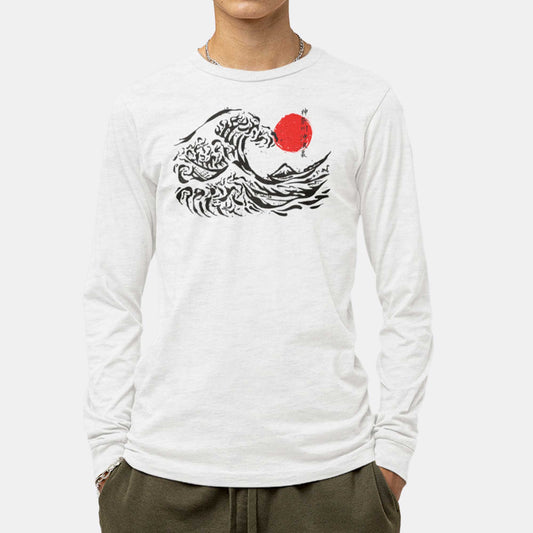 A man wearing an ash Bella Canvas long sleeve t-shirt featuring a modern redesign of the great wave off kanagawa.