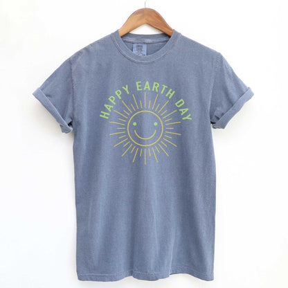 Happy Earth Day, Sun Smiley Face - Adult Unisex Garment Dyed Tee
