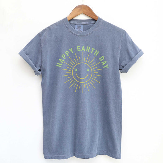Happy Earth Day with Sun Smiley Face - Adult Unisex Garment Dyed Tee