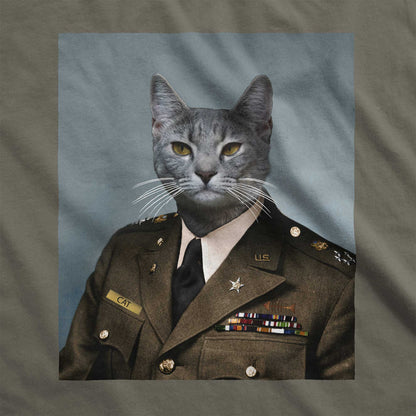 An army green Bella Canvas swatch with a portrait of a grey cat as a U.S. army general